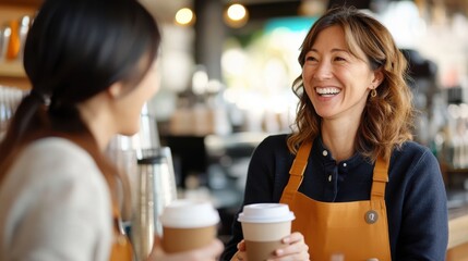 A friendly barista wearing an apron engages warmly with a customer, serving a coffee drink with a smile, embodying customer service and hospitality in a coffee shop.