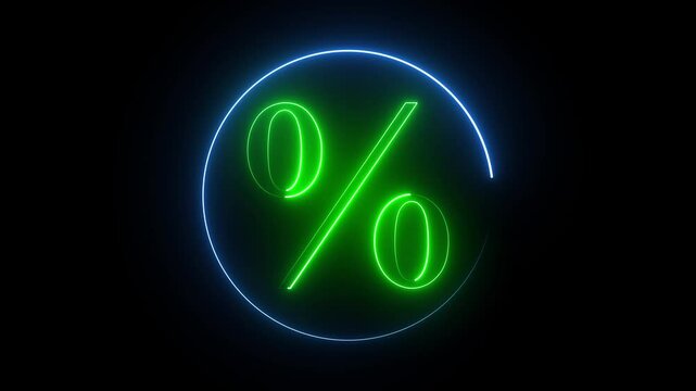 The neon % icon features a glowing, colorful design resembling neon lights, symbolizing percentages, ratios, or discounts. It conveys a sense of dynamic energy and modern, attention-grabbing visuals.