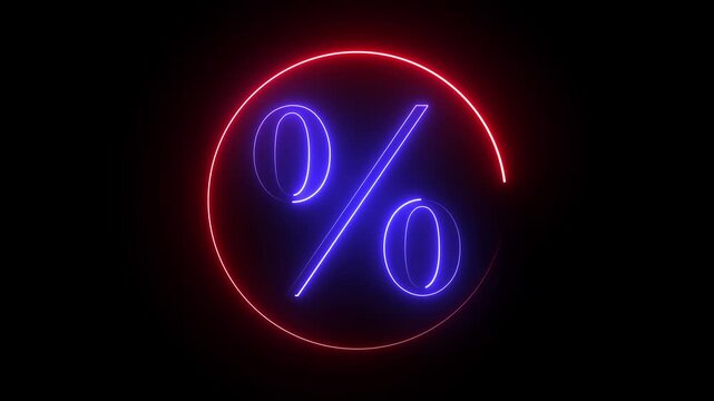 The neon % icon features a glowing, colorful design resembling neon lights, symbolizing percentages, ratios, or discounts. It conveys a sense of dynamic energy and modern, attention-grabbing visuals.