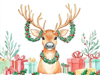 Festive reindeer with garlands on antlers, surrounded by gifts and holly, colorful vintage watercolor style