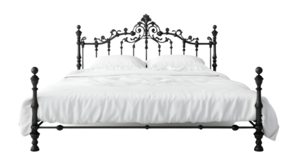 Elegant black bed with white bedding, perfect for a cozy bedroom ambiance.