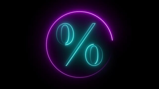 The neon % icon features a glowing, colorful design resembling neon lights, symbolizing percentages, ratios, or discounts. It conveys a sense of dynamic energy and modern, attention-grabbing visuals.