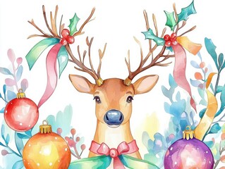Naklejka premium Vintage Christmas reindeer decorated with ornaments and ribbons, vibrant watercolor, nostalgic holiday look
