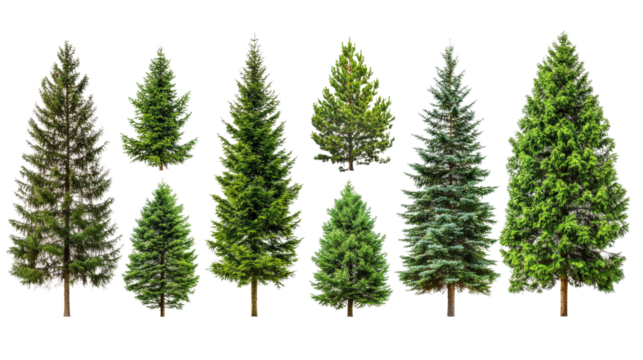 Various types of coniferous trees showcasing different heights and colors.