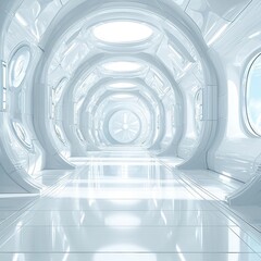 Fototapeta premium A futuristic, sleek, and minimalistic corridor featuring smooth surfaces and bright lighting, ideal for sci-fi concepts or modern design.