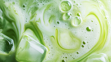 Close up of vibrant green iced matcha latte with creamy swirls and ice