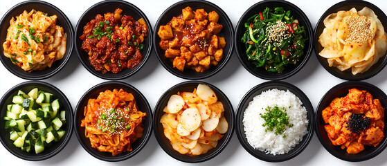 Korean dishes on black plates arranged in an aerial view against a white background