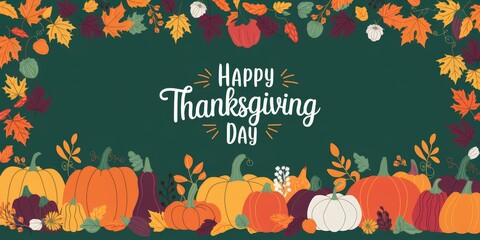 Fototapeta premium Festive Thanksgiving Day Greeting Card with Colorful Pumpkins and Autumn Leaves on a Dark Green Background, Perfect for Celebrating Fall Holidays.