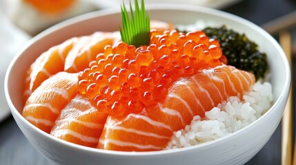 Traditional Japanese Donburi Bowl with Salmon and Caviar