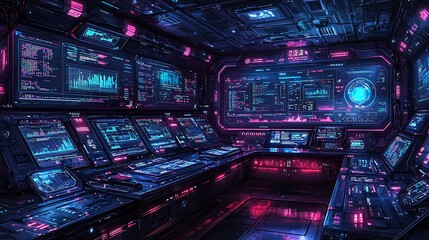 Fototapeta premium Futuristic control room with glowing screens displaying data and information.