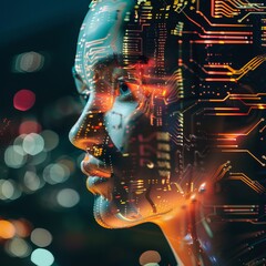 Futuristic Digital Face with Circuitry Overlay and Bokeh Lights