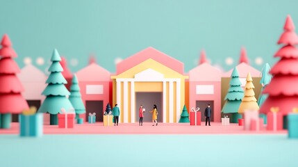 Festive Winter Shopping Mall with Customers Holding Holiday Gifts and Promotional Signage