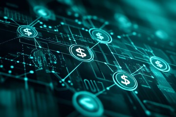 Connected dollar icons on a futuristic blockchain or financial technology concept with green glowing network and data visualization background