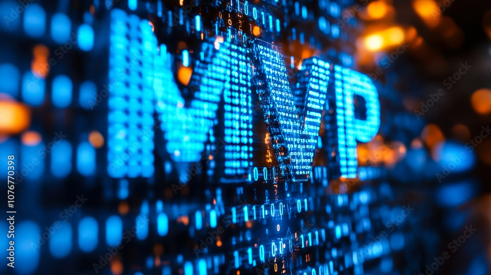 Poster futuristic binary code matrix display forming mvp for minimal viable product concept
