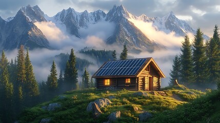 Fototapeta premium A small cabin with solar panels providing power, set against a backdrop of rugged mountains, mist rising from the forest, morning light illuminating the scene, isolated and serene,