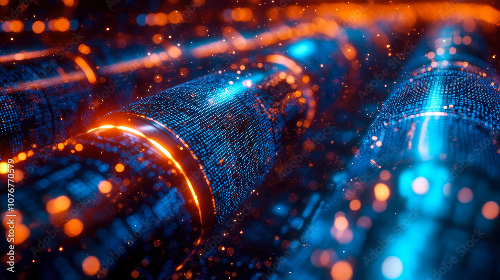 Poster futuristic digital pipeline with vibrant blue matrix binary code and sci-fi aesthetic