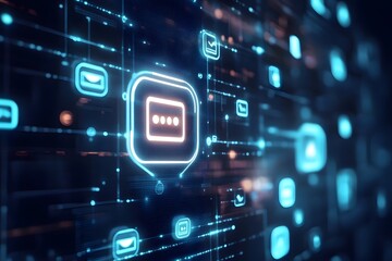 Futuristic chatbot icons in glowing blue message bubbles, representing AI communication, floating in a vibrant dark background with bokeh effects