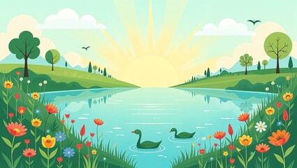 Fototapeta premium landscape with lake and grass. wetland day creative design.wolrd wetland day design.creative design.2 february