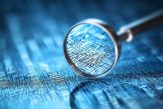 Macro image of a magnifying glass highlighting a QR code pattern on a digital grid, symbolizing cybersecurity and data analysis