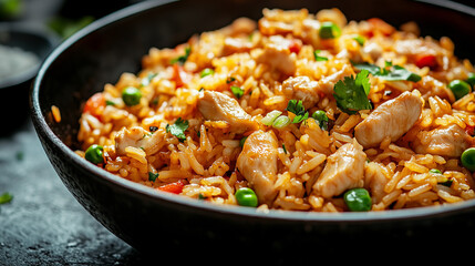 Flavorful chicken fried rice garnished with fresh herbs, served in a rustic bowl at a cozy kitchen setting.