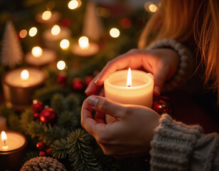 Woman's hands holding a burning candle.