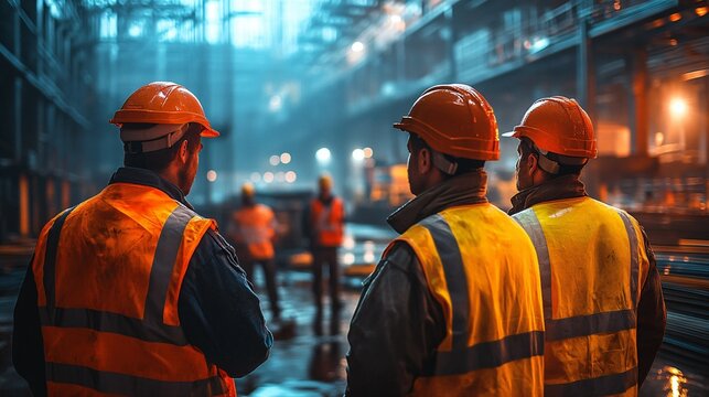 A group of construction workers, clad in safety helmets and high-visibility vests, sharing a moment of shock and awe on a bustling industrial site under bright lights.