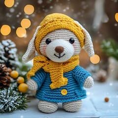 amigurumi a dog in blue coat and yellow hat