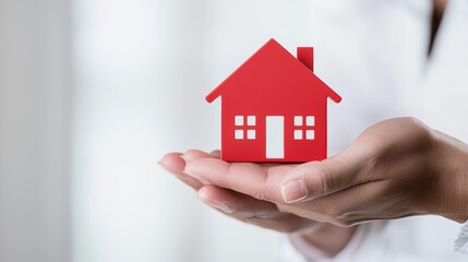 A red house model is held in a person's hands, symbolizing homeownership and real estate.