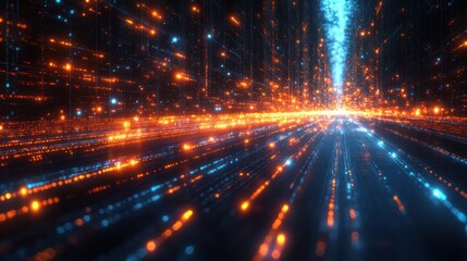 Obraz premium Abstract digital landscape with glowing particles and lines.