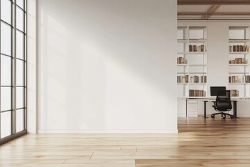 White wall in a modern office interior floor bookshelves minimalist.