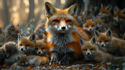 Fototapeta premium A red fox mother surrounded by her cubs in a forest setting.