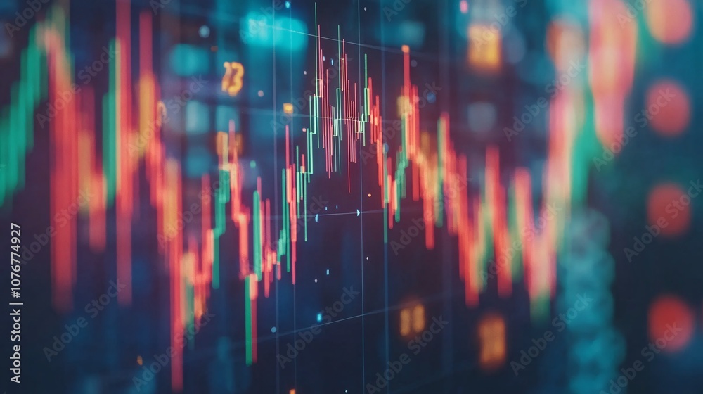 Poster A holographic display of financial data with floating graphs and currency icons symbolizing real-time data analysis and insights with side empty space for text Stockphoto style