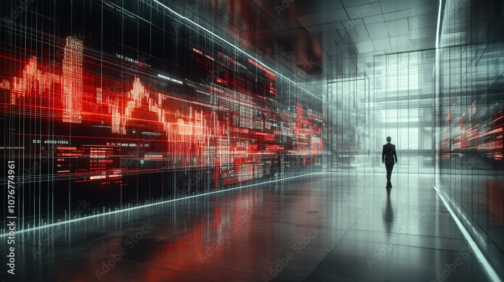 Poster A holographic display of financial data with floating graphs and currency icons symbolizing real-time data analysis and insights with side empty space for text Stockphoto style