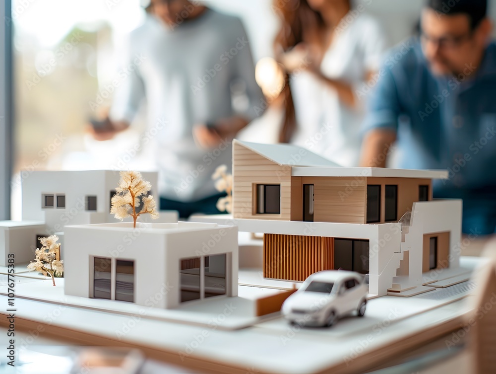 Poster architectural model display with creative team collaborating in background, showcasing a modern hous