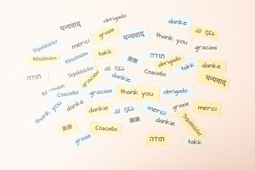 Thank you day, word thanks in different languages, being thankful, support, help and charity concept
