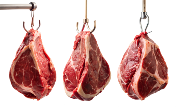Set of raw beef meat pieces on the metal hook on a transparent background. Fresh meat concept.