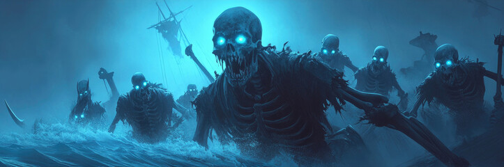 Eerie spectral pirate crew, glowing bones, shipwreck amidst crashing waves, watercolor style evokes haunting maritime adventure.