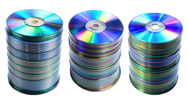Set of the stack of CDs on a transparent background. Concept of old information storage technology.