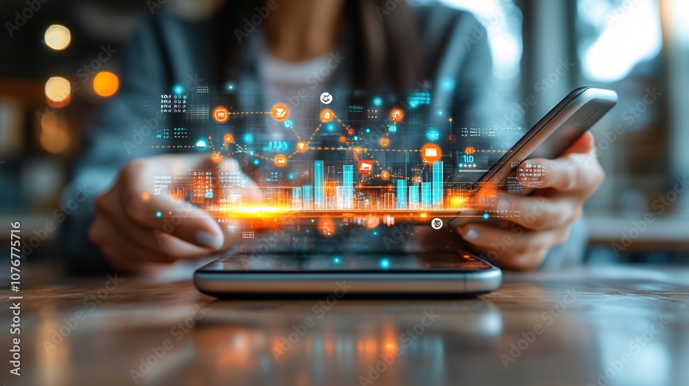 Leinwandbilder A smartphone app screen showing automated investment transactions with graphs tracking portfolio growth symbolizing AI-driven financial tools with side empty space for text Stockphoto style