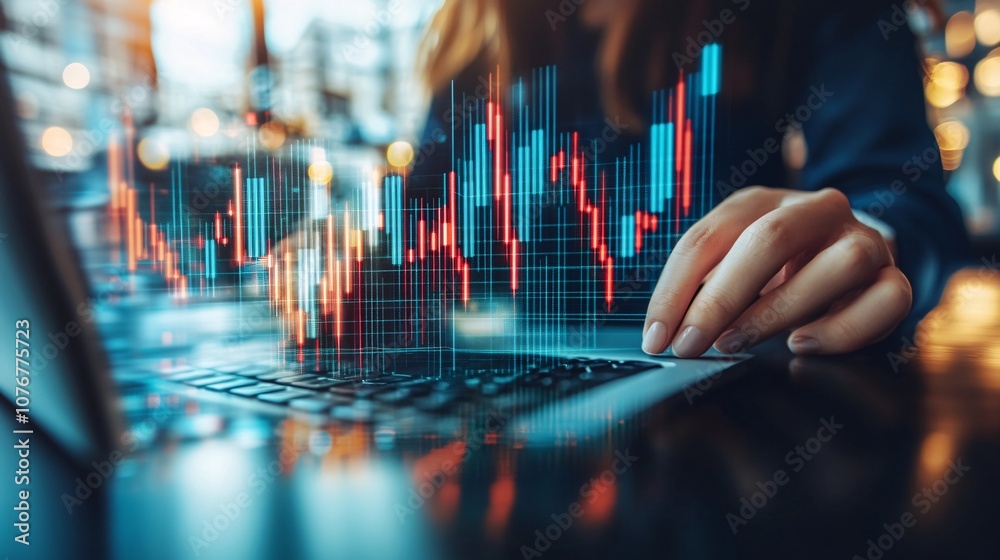 Leinwandbilder A laptop displaying a portfolio management app with AI analysis and predictive data charts symbolizing intelligent investment with side empty space for text Stockphoto style