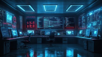 Obraz premium A futuristic, dark, and sleek server room interior with multiple computers displaying code, data, and graphs on their screens under neon blue and red lights.