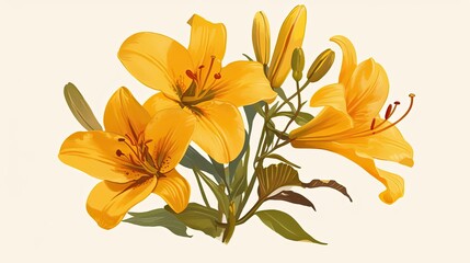Fototapeta premium A Cluster of Yellow Lilies with Buds and Green Foliage