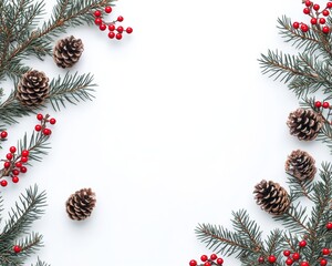 Christmas white background with Christmas balls decorations. Merry Christmas and Happy Holidays greeting card, frame, banner.