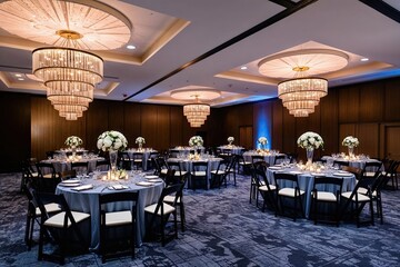 Elegant Corporate Event Venue with Upscale Table Settings and Ambient Lighting