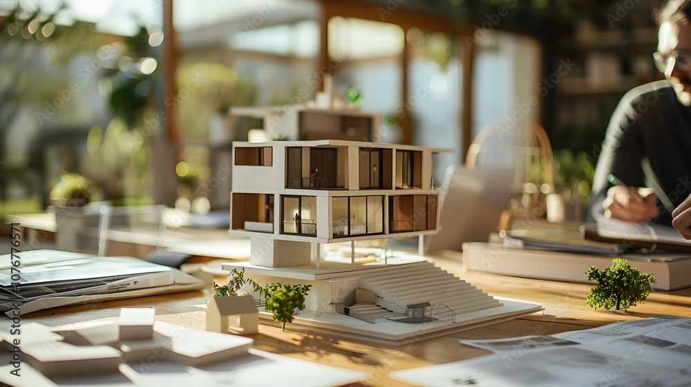 Poster modern architectural model on a workspace table with natural light and design plans in a contemporar