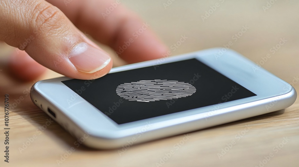 Fototapete A digital display of a fingerprint icon hovering over a secure payment screen symbolizing the role of biometrics in fintech security with side empty space for text Stockphoto style