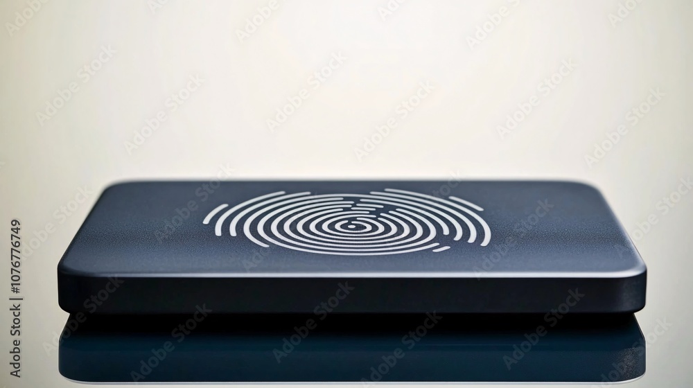 Fototapete A digital display of a fingerprint icon hovering over a secure payment screen symbolizing the role of biometrics in fintech security with side empty space for text Stockphoto style