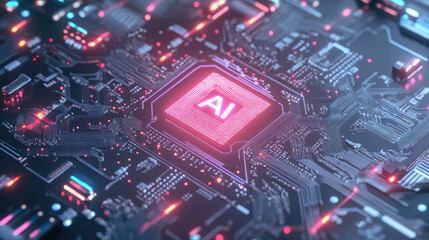 Obraz premium Advanced AI Circuit Board, intricate close-up of a high-tech circuit with luminous components, featuring a prominent AI symbol at its core