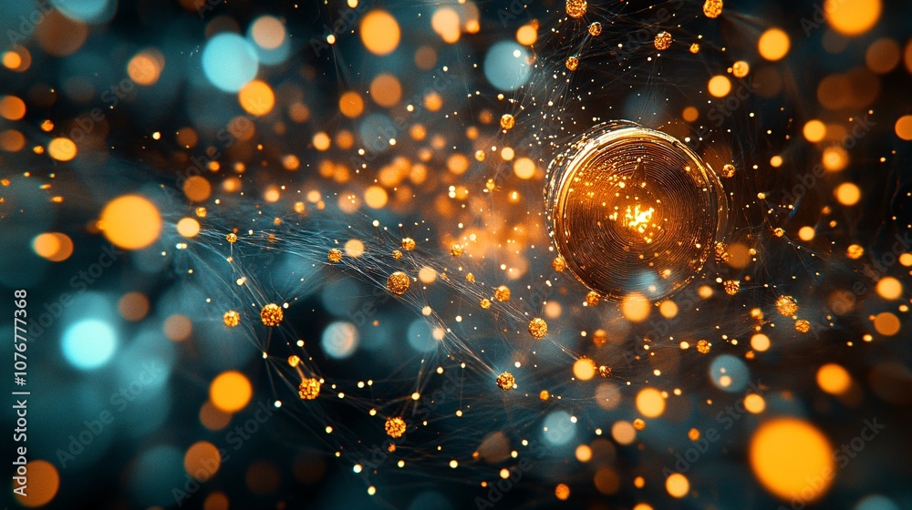 Aufkleber A graphic of floating cryptocurrency symbols in an abstract financial network symbolizing the vast potential of fintech with side empty space for text Stockphoto style