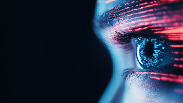 A Close-Up of an Eye Surrounded by Suspicious Neon Glitch Patterns, Representing Technology's Impact on Human Perception and Reality